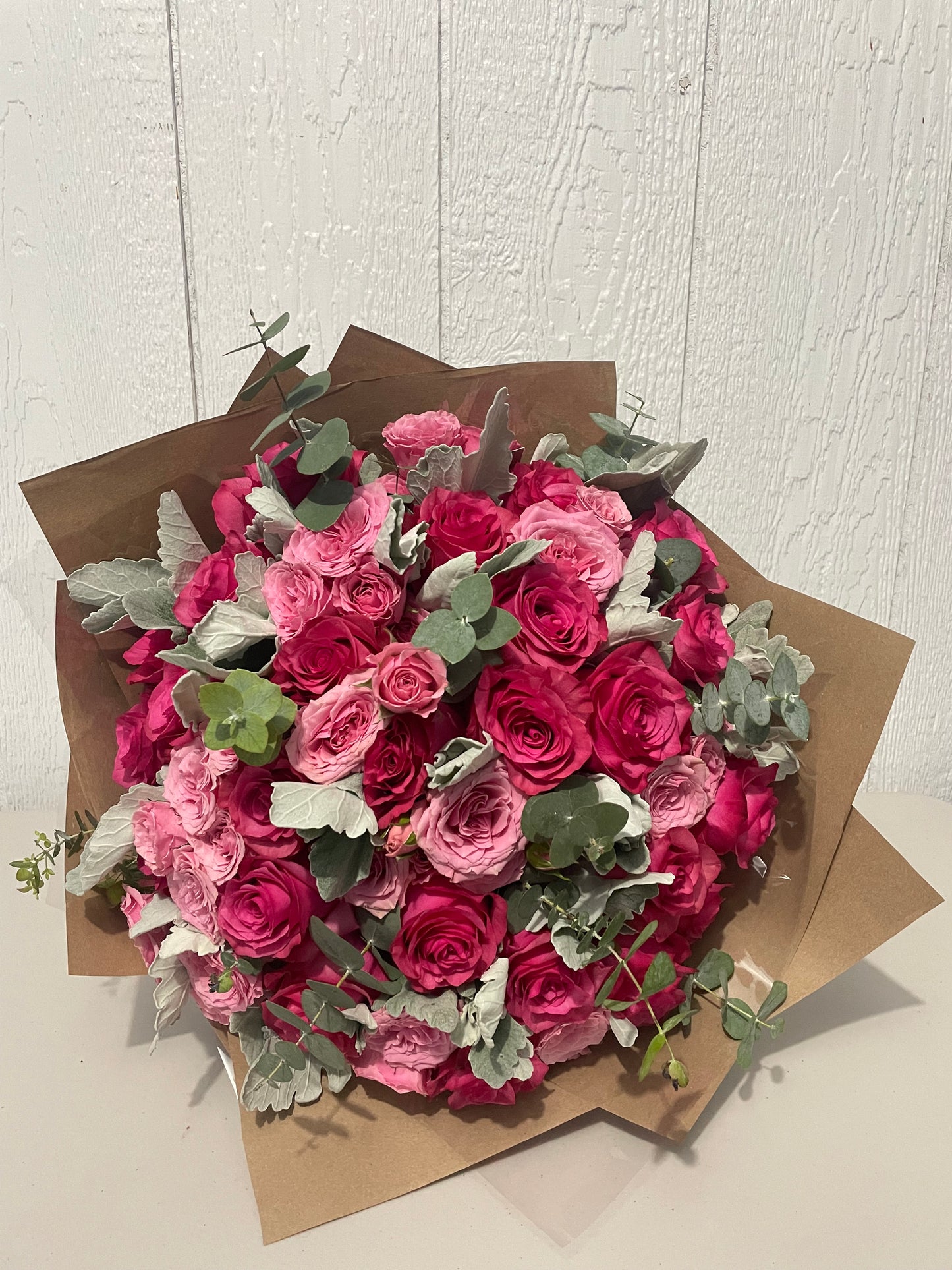 Lady (Pink and hot pink roses and greenery)