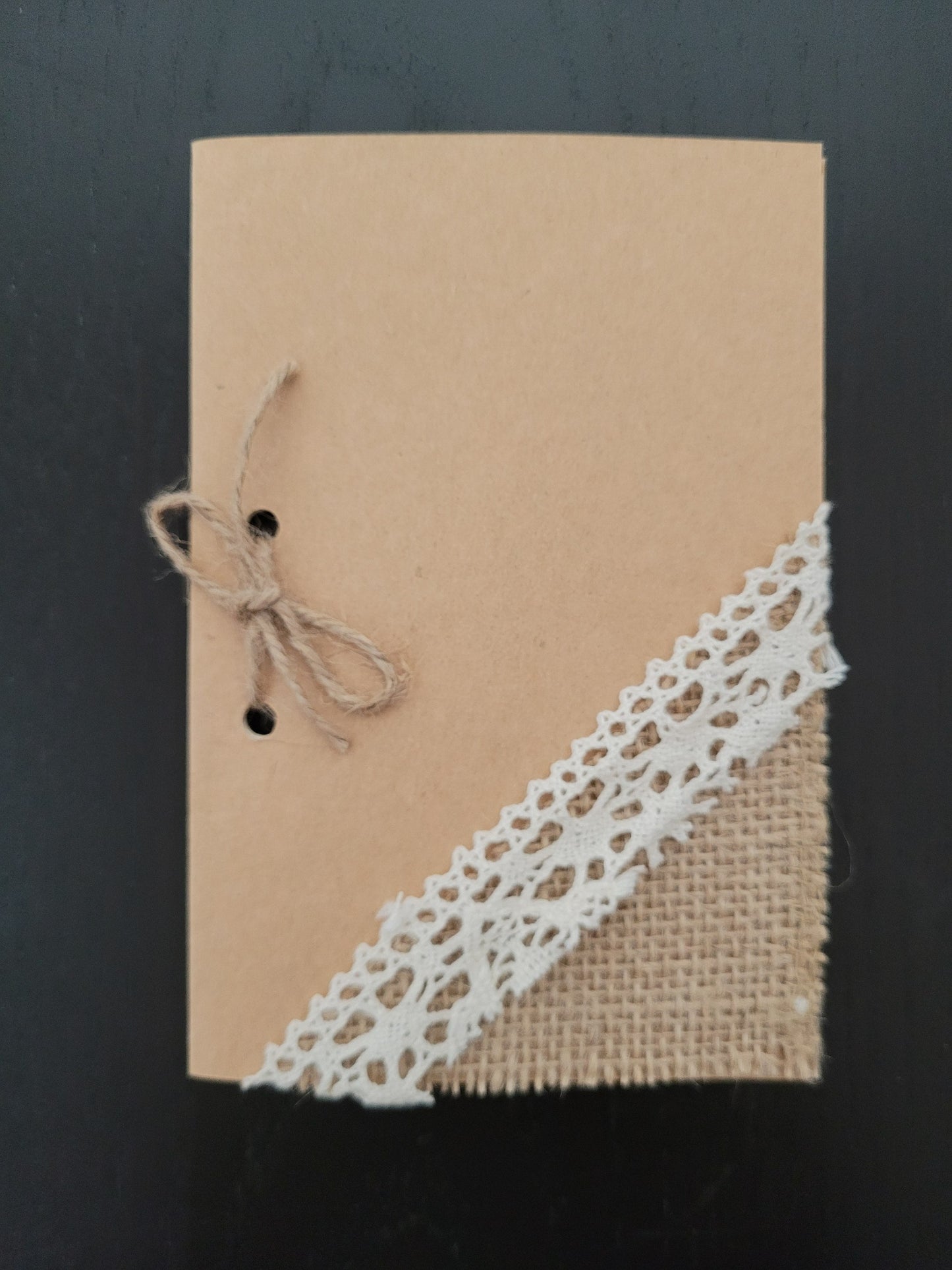 Handmade message card made with lace and burlap