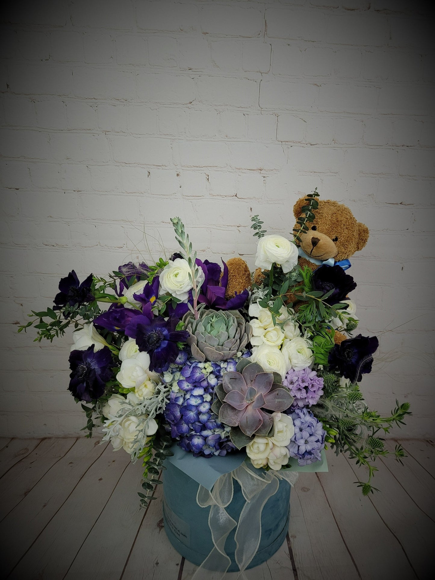 Baby boy mixed blue arrangement in box