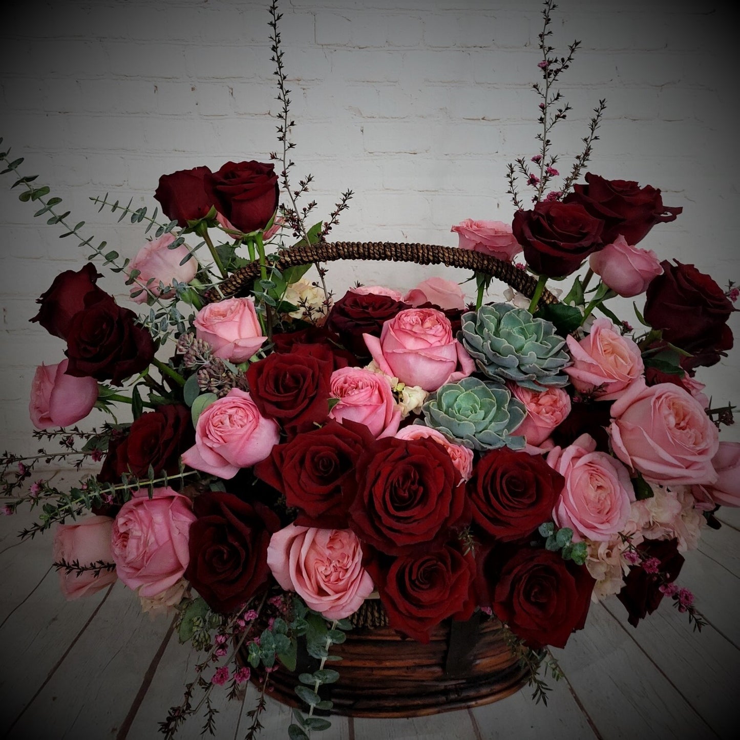 Basket of Life ( Red and Pink Roses, Succulents)