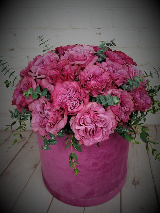 Purple Roses and Greenery in a Box