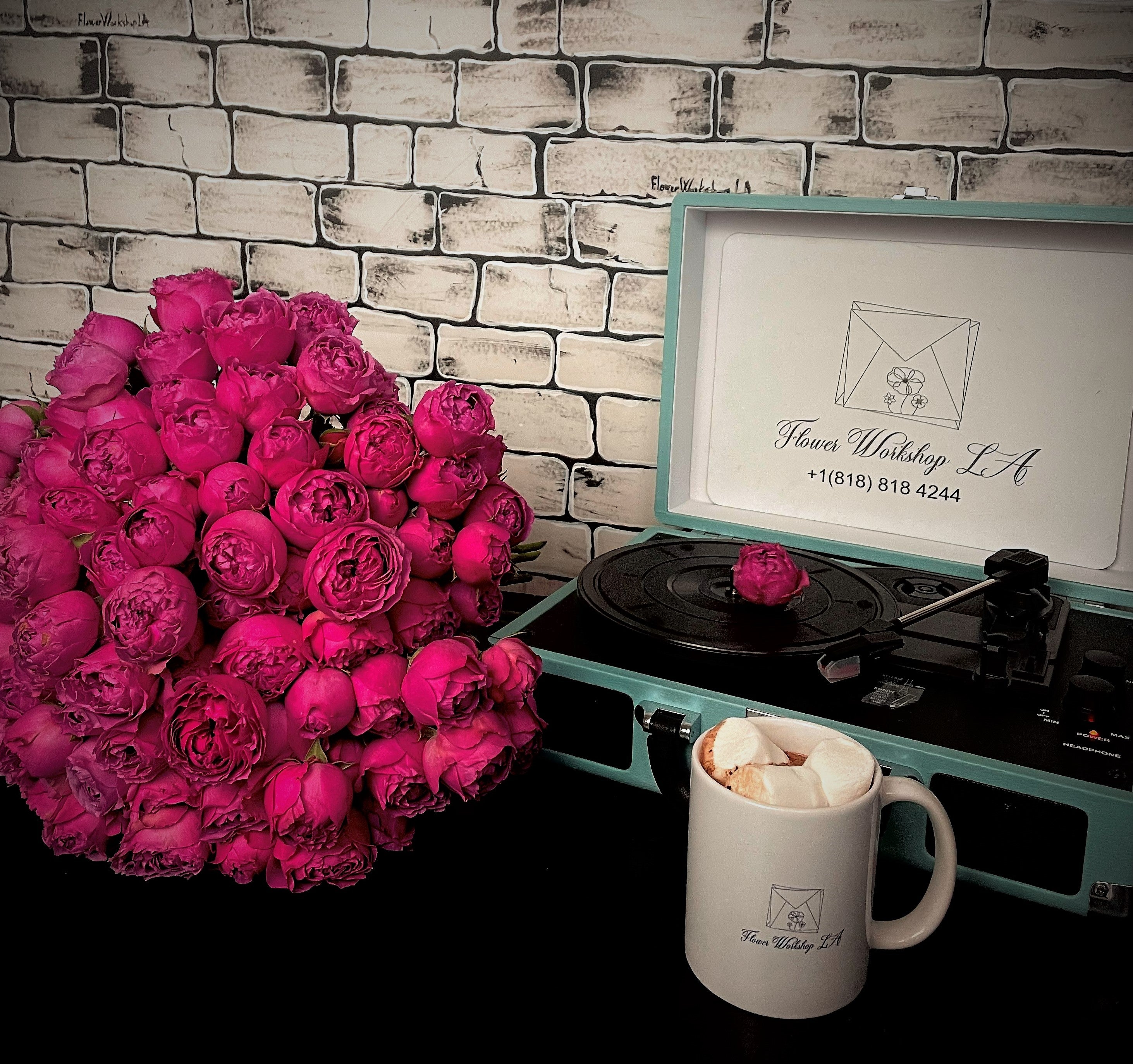 Bombastic Spray Roses , Hot Chocolate and Gramophone wit Flower Workshop LA Logo