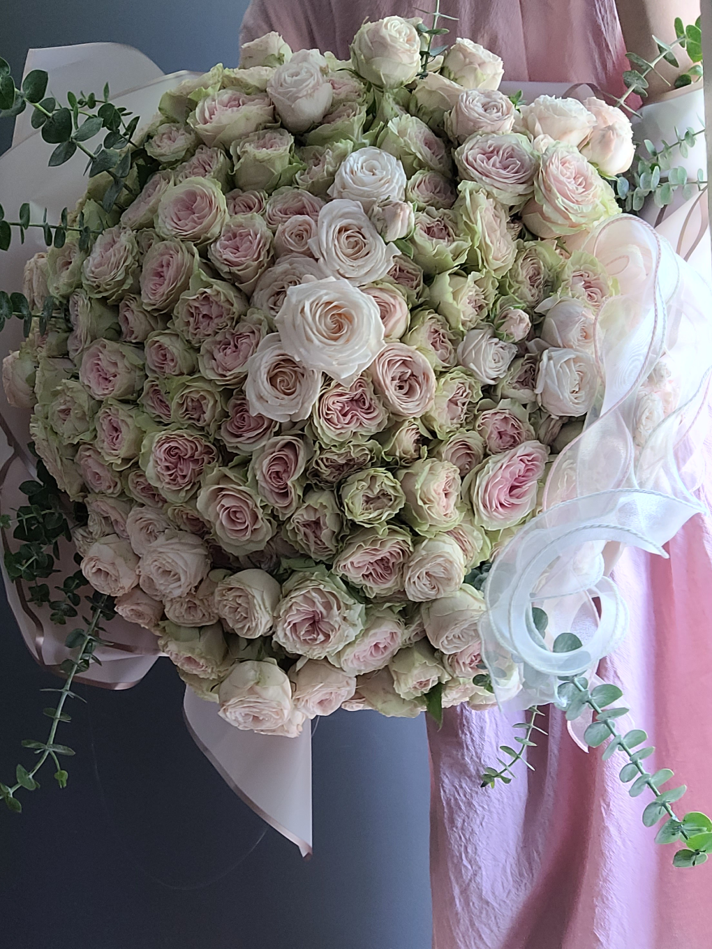 100 stems pink spray roses and eucalyptus