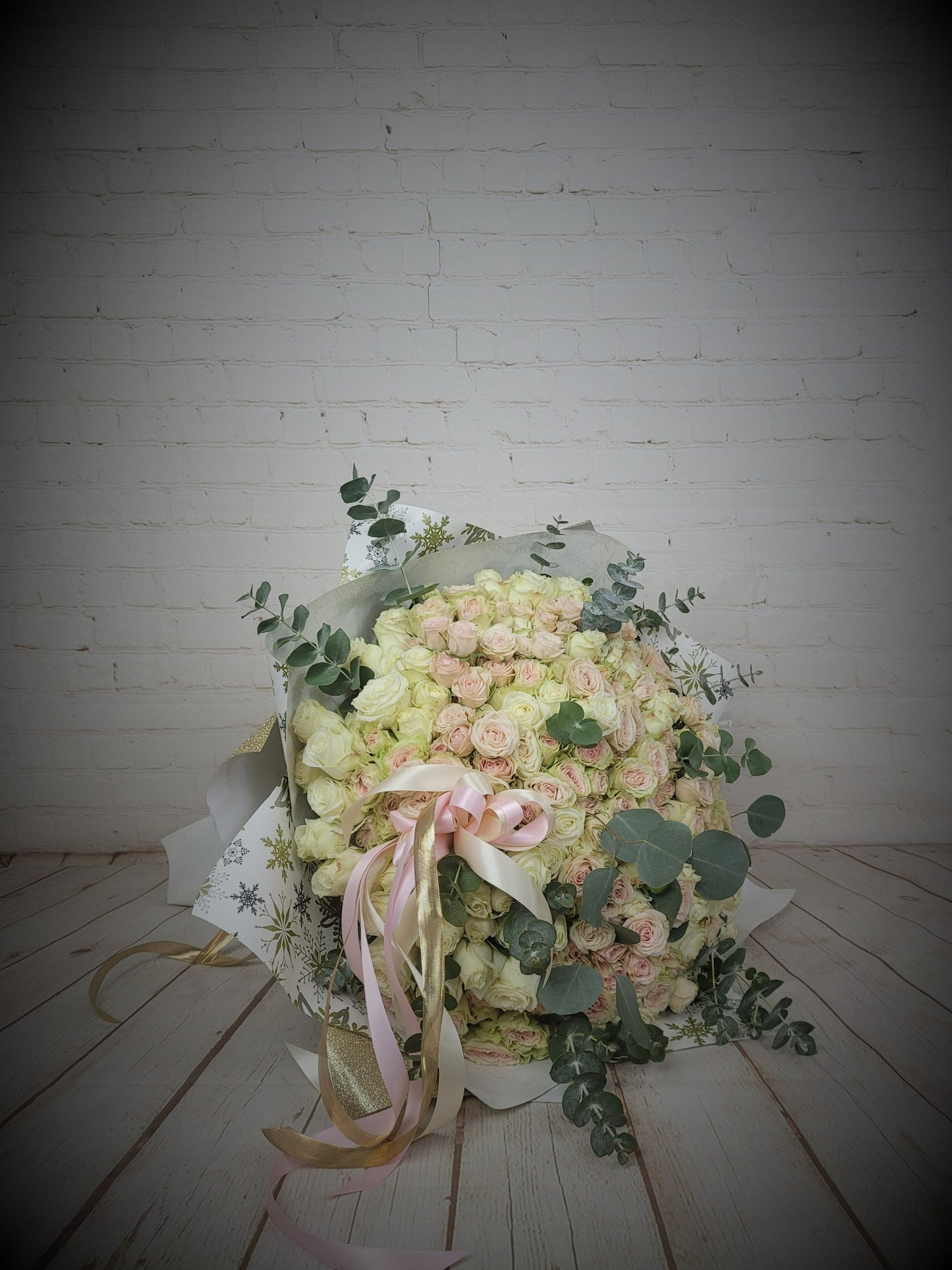 White and Pink Spray Roses and Eucalyptus