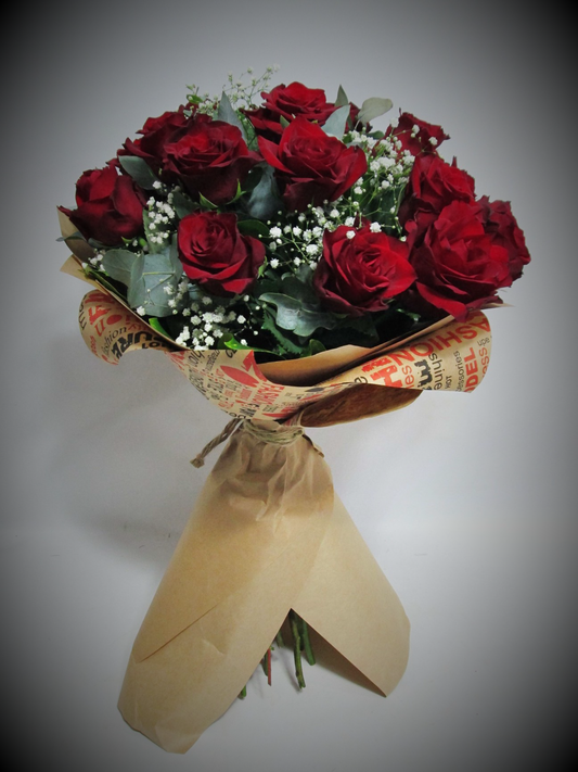 Red roses with eucalyptus and babies breath