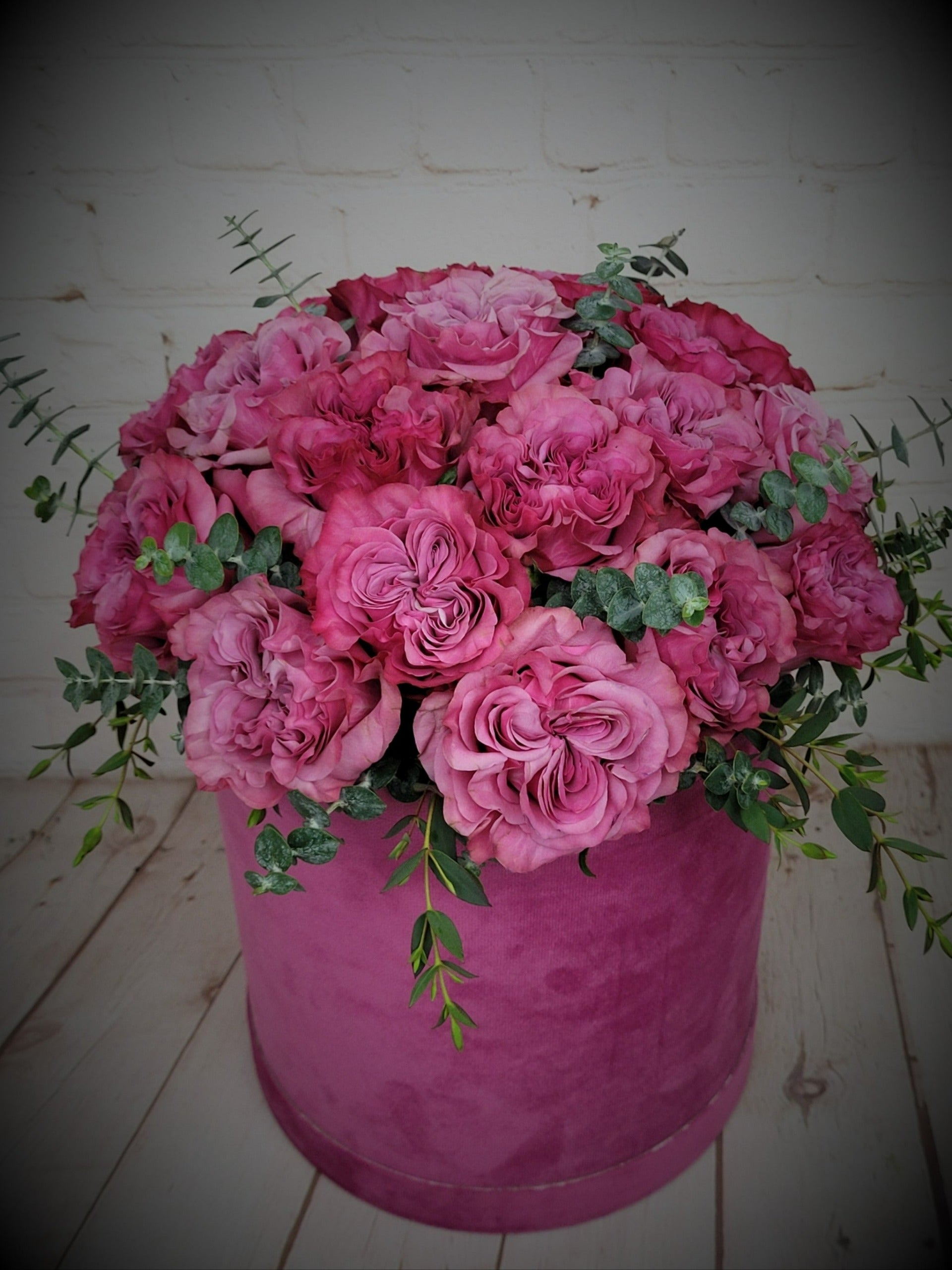 Purple Roses and Greenery in a Box