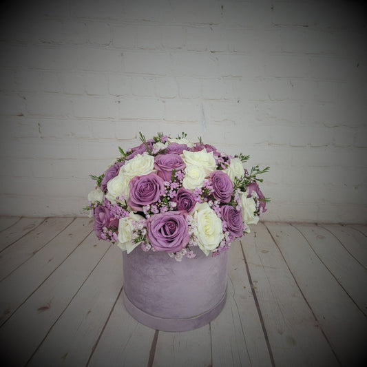 White and purple roses in box