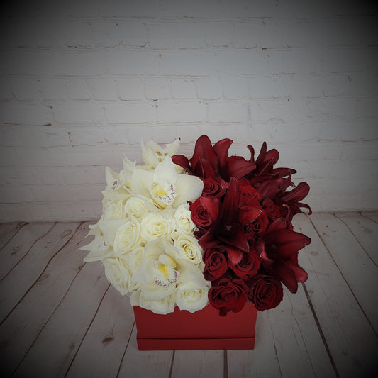 Red and white flowers in red box