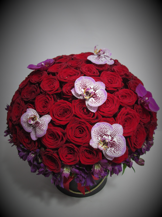 Red roses, orchids in a box