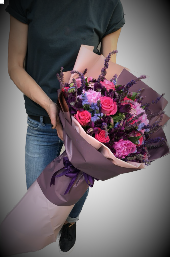 Mixed bouquet with hot pink, purple and pink flowers